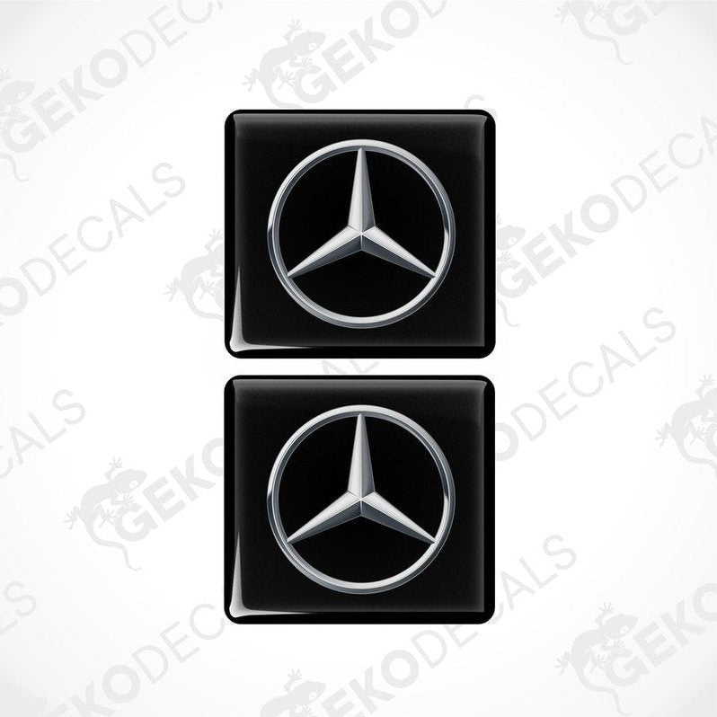 Mercedes-Benz silver domed epoxy car decal set on black background