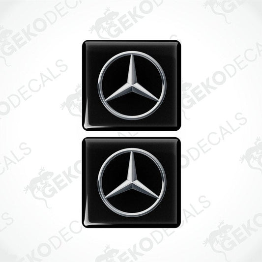 Mercedes-Benz silver domed epoxy car decal set on black background