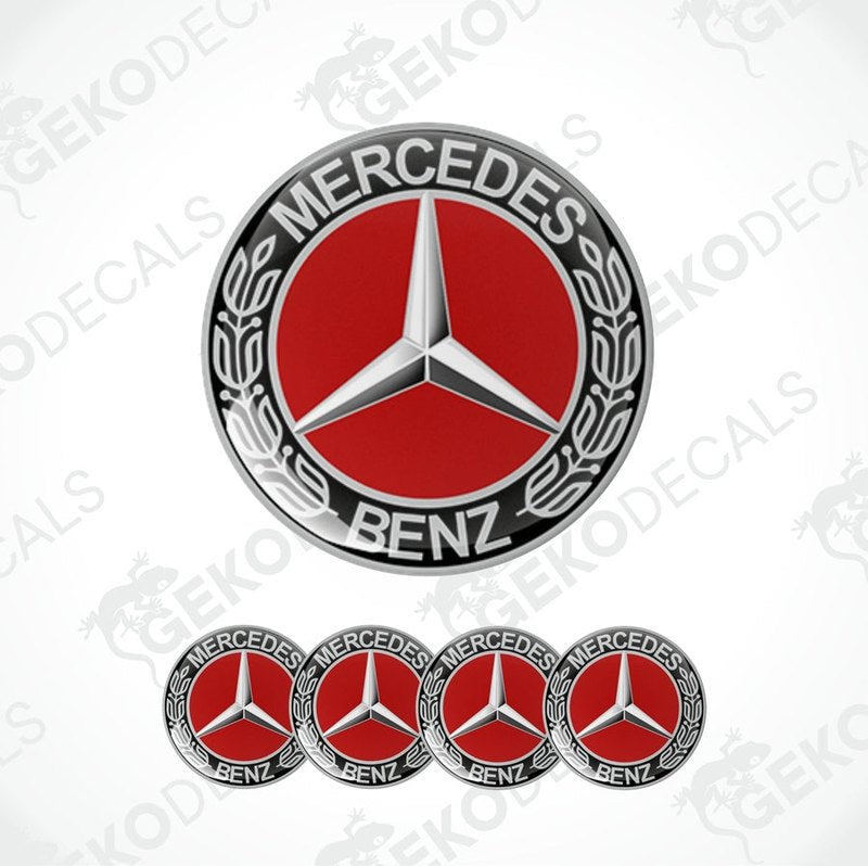 A set of four vinyl decals with a polyurethane coating featuring the Mercedes-Benz logo in red, black, and white colors.