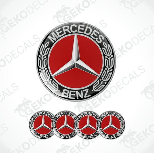 A set of four vinyl decals with a polyurethane coating featuring the Mercedes-Benz logo in red, black, and white colors.