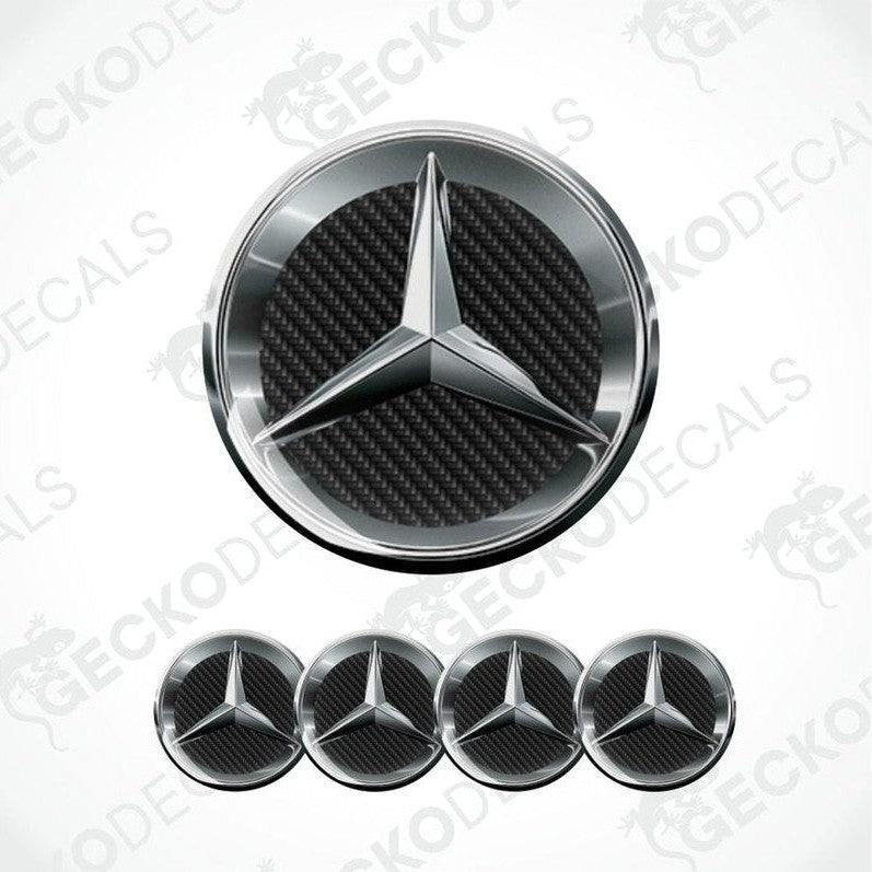 Spacious dark silver metallic Mercedes Benz logo, black carbon fiber from the inside