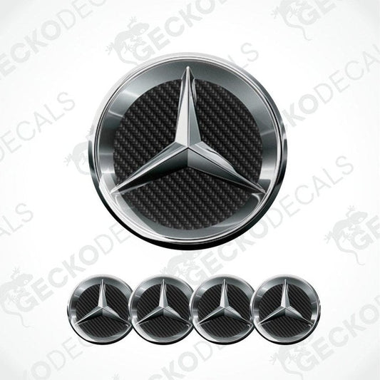 Spacious dark silver metallic Mercedes Benz logo, black carbon fiber from the inside