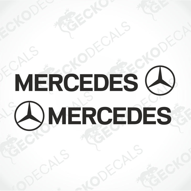 Two stickers with the word 'MERCEDES' and the Mercedes-Benz logo, delivered on a white background with a GeckoDecals watermark.