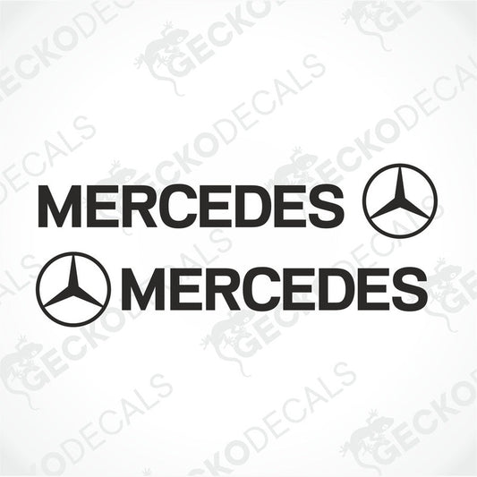 Two stickers with the word 'MERCEDES' and the Mercedes-Benz logo, delivered on a white background with a GeckoDecals watermark.