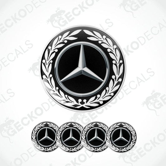 Mercedes-Benz logo with decorative laurel wreath and five smaller logos below on a white background.
