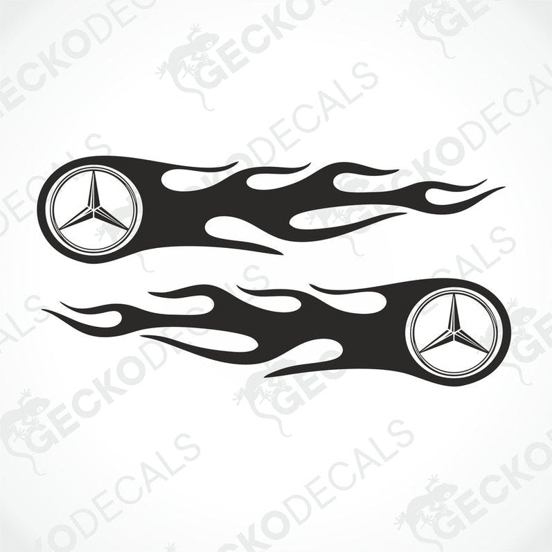 A set of two black decals with a mercedes-benz logo and flame designs on them.