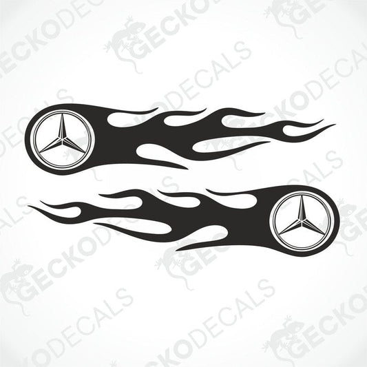 A set of two black decals with a mercedes-benz logo and flame designs on them.