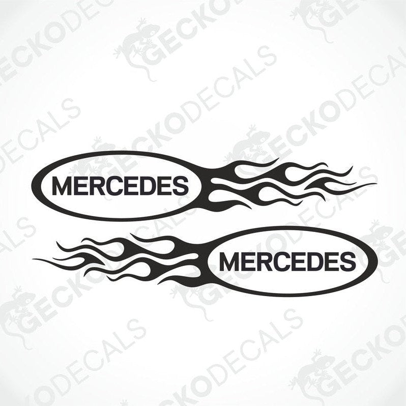 Two black decals with the word 'MERCEDES' and flame graphics on each.