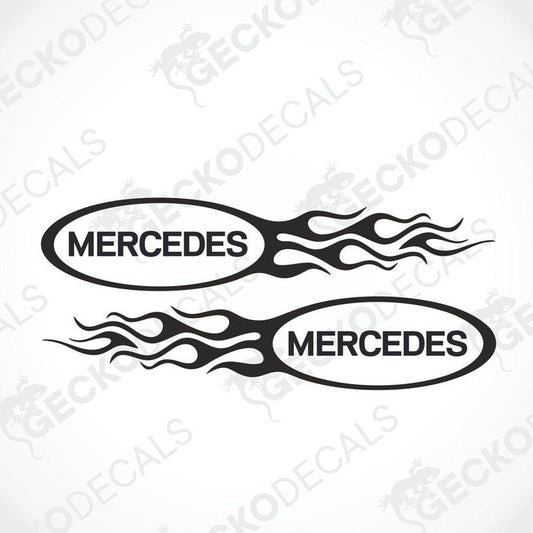 Two black decals with the word 'MERCEDES' and flame graphics on each.