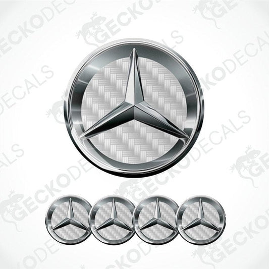 Spacious dark silver metallic Mercedes Benz logo, white carbon shines from the inside
