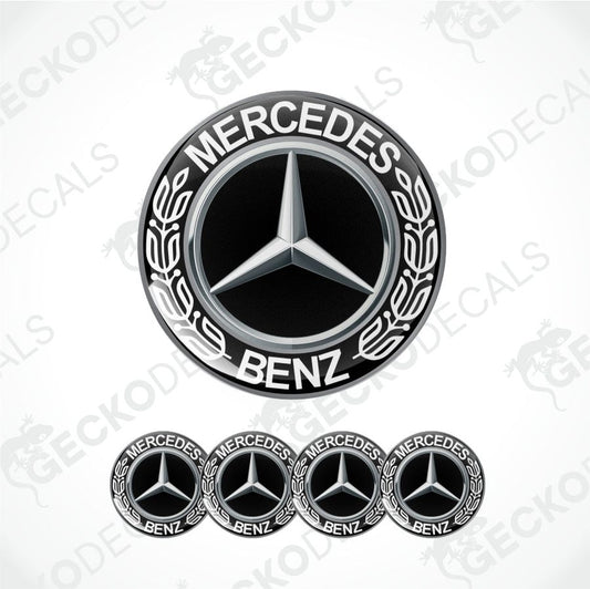 Mercedes-Benz logo with decorative laurel wreath and five smaller logos below on a white background.