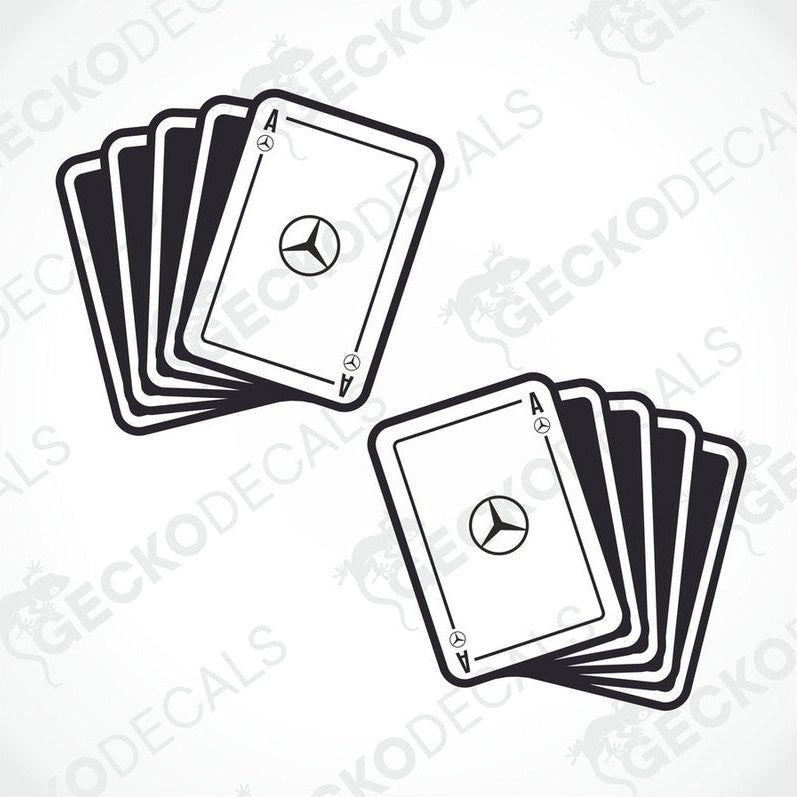 A die cut sticker depicting a fanned out deck of cards with the Mercedes-Benz logo in the center of each card.