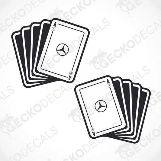 A die cut sticker depicting a fanned out deck of cards with the Mercedes-Benz logo in the center of each card.