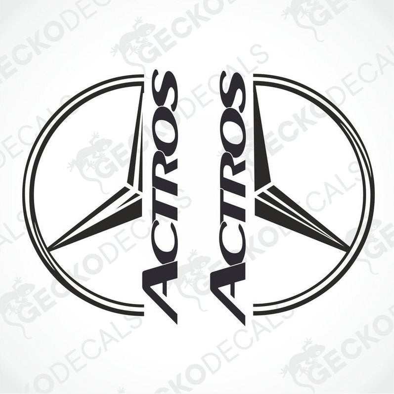 Two black and white decals with the word 'ACTROS' and a graphical element resembling a truck in the center.