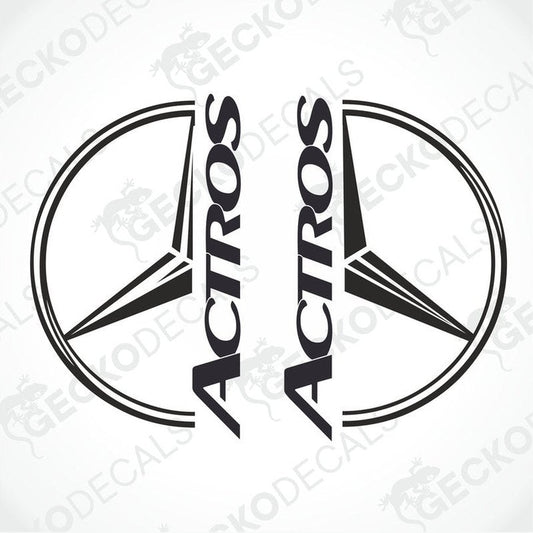 Two black and white decals with the word 'ACTROS' and a graphical element resembling a truck in the center.