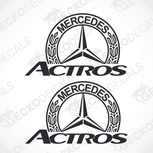 Two black and white vehicle decals with the word 'ACTROS' and the Mercedes-Benz logo.