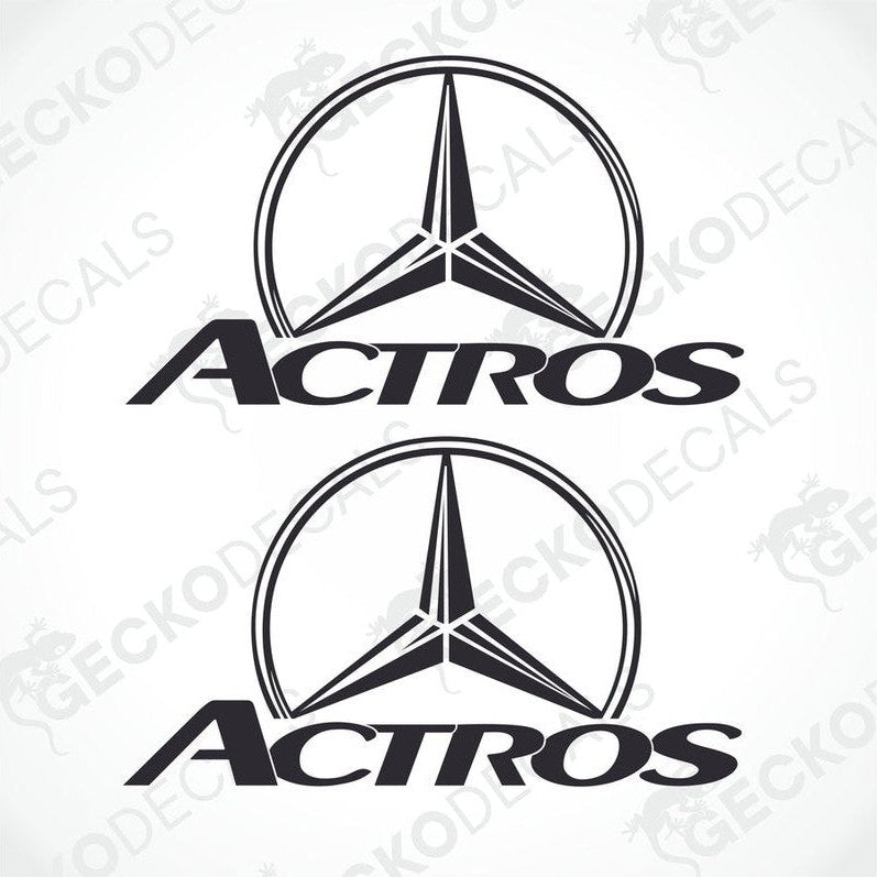 Two white decals of the Mercedes-Benz Actros brand, with a geometric design and the brand name in black font.