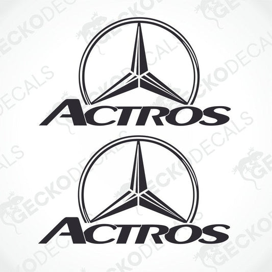 Two white decals of the Mercedes-Benz Actros brand, with a geometric design and the brand name in black font.
