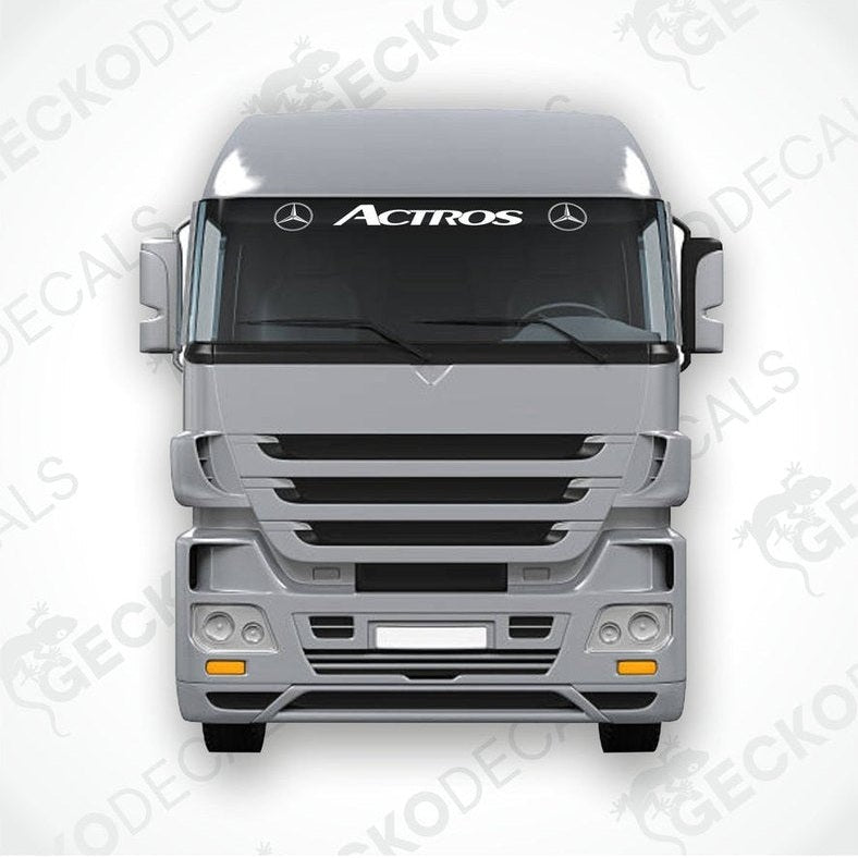 A front view of a Mercedes-Benz Actros truck windscreen with a die cut decal on it.