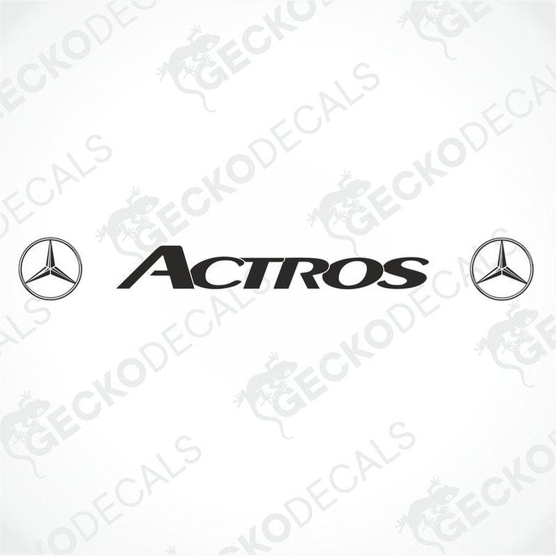 A front view of a Mercedes-Benz Actros truck windscreen with a die cut decal on it.