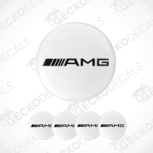 White circular stickers with AMG logo on a white background