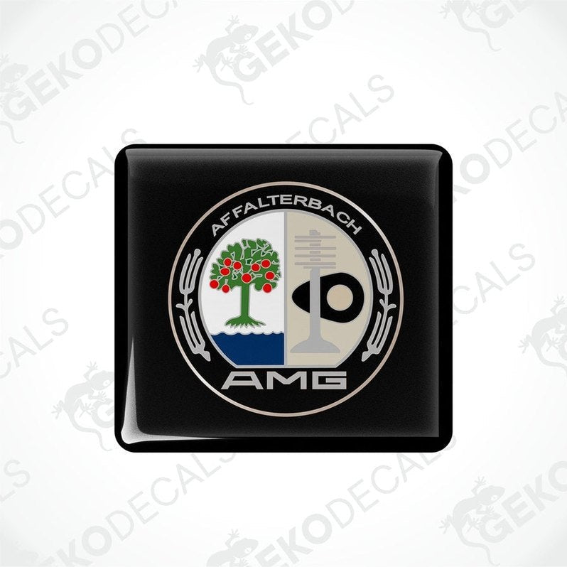 Black square car decals with a white and green emblem AMG AFFALTERBACH