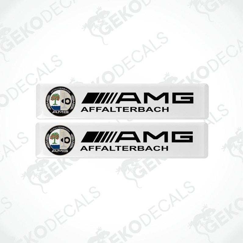 Two white vinyl stickers with the Mercedes-Benz AMG Affalterbach Germany branding.