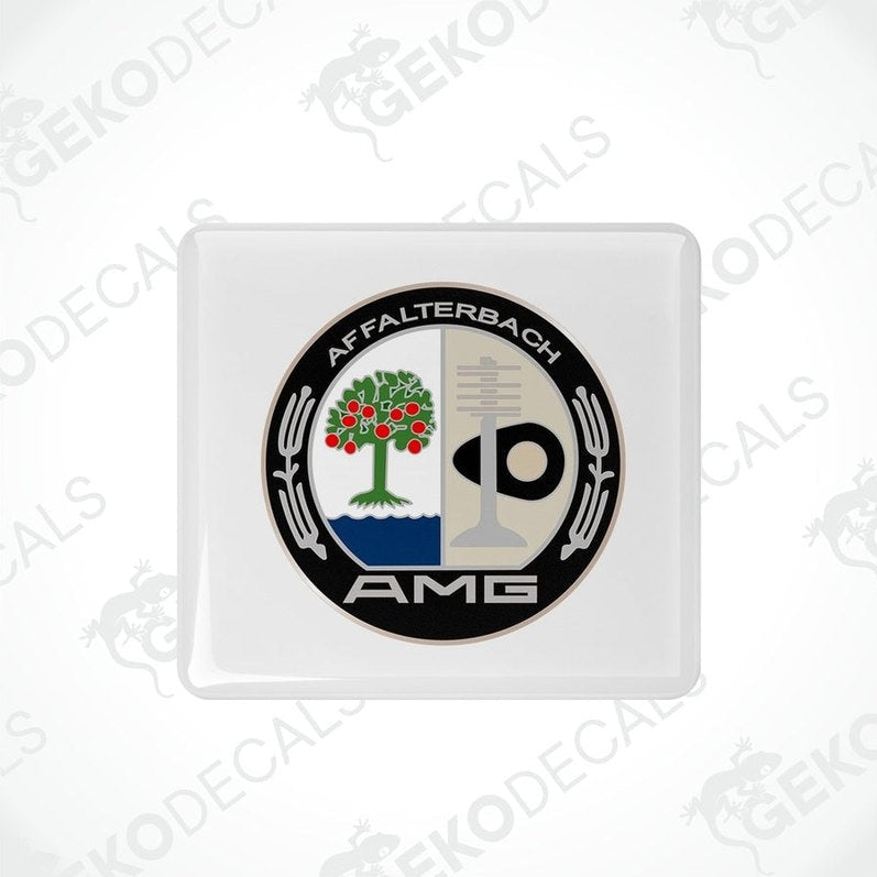 White square car decals with a black and green emblem AMG AFFALTERBACH