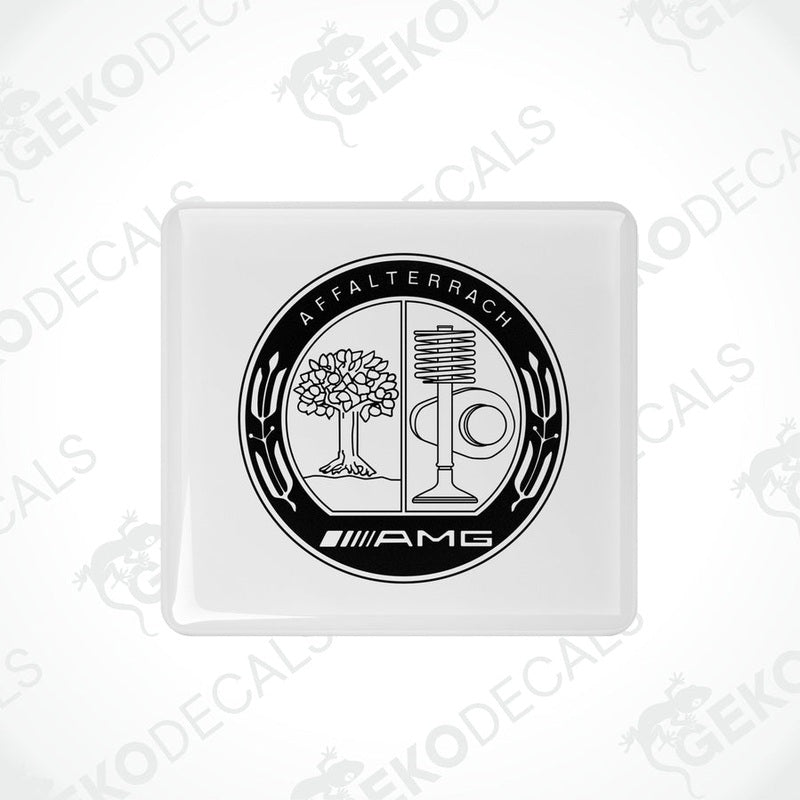  White vinyl stickers with a black and silver Mercedes-Benz AMG Affalterbach logo design.