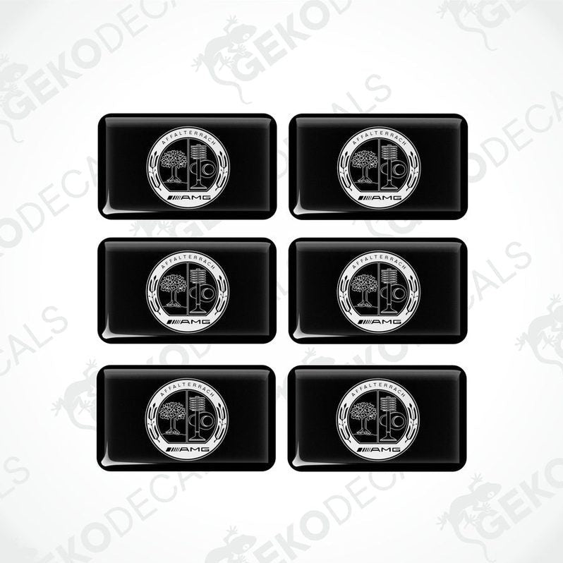 A set of six black vinyl stickers with a geometric design featuring the text 'MERCEDES-BENZ AFFALTERRACH'.