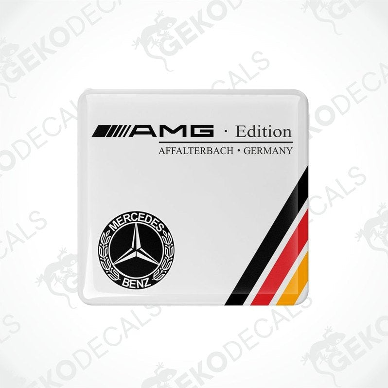  White Mercedes-Benz AMG Edition car decals with red and yellow stripes and the Mercedes-Benz logo