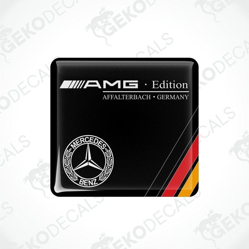Black Mercedes-Benz AMG Edition car decals with red and yellow stripes and the Mercedes-Benz logo.