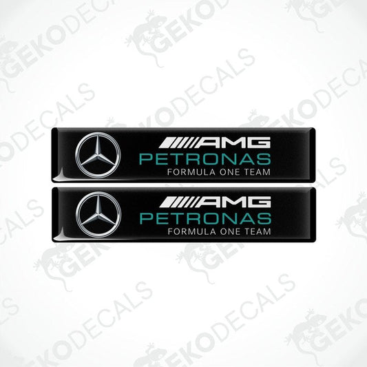 Two vinyl decals with a polyurethane coating featuring the AMG PETRONAS Formula One Team logo in black, silver, and green colors.