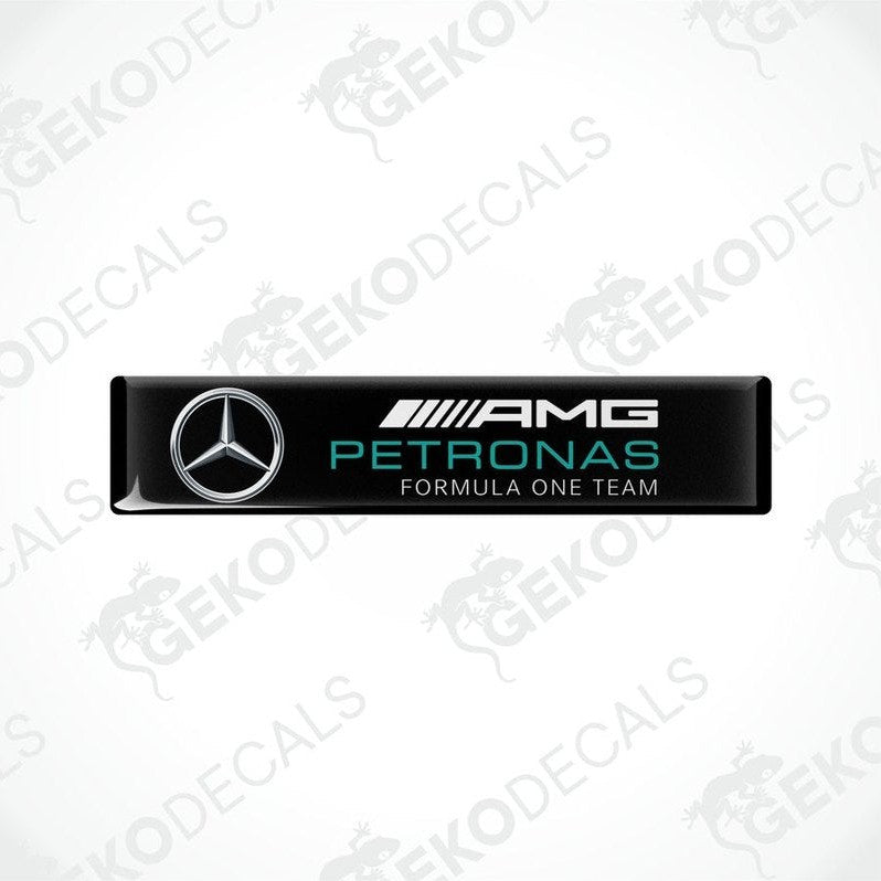 Vinyl decals with a polyurethane coating featuring the AMG PETRONAS Formula One Team logo in black, silver, and green colors.