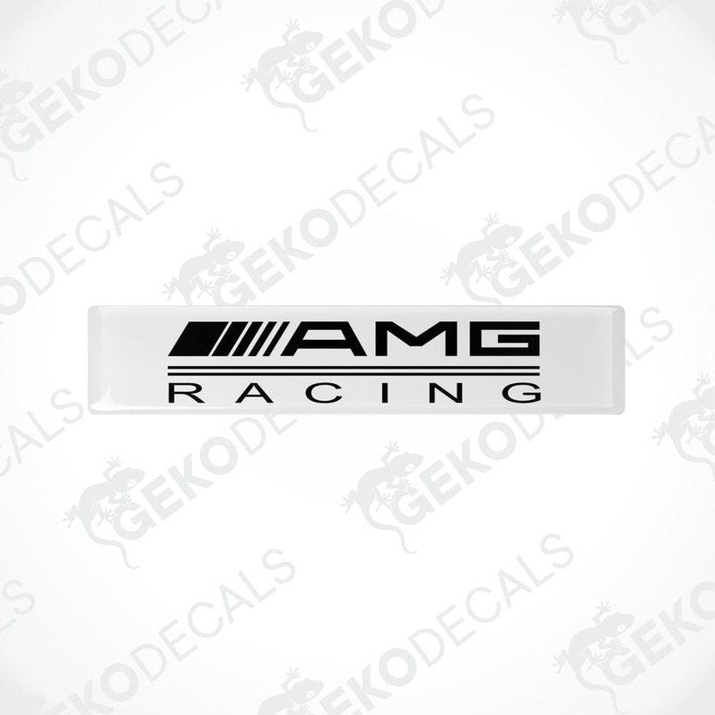  White vinyl stickers with the text 'AMG RACING' in white, placed against a black background.
