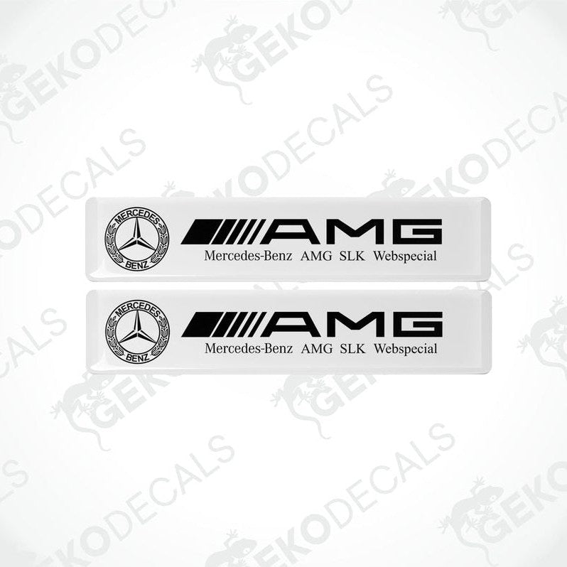 Two white vinyl stickers with the Mercedes-Benz AMG SLK WEBSPECIAL branding.