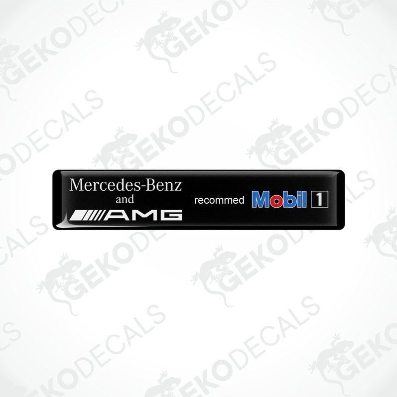 Two black vinyl decals with white and silver text reading 'Mercedes-Benz and AMG recommended Mobil1', against a white background.