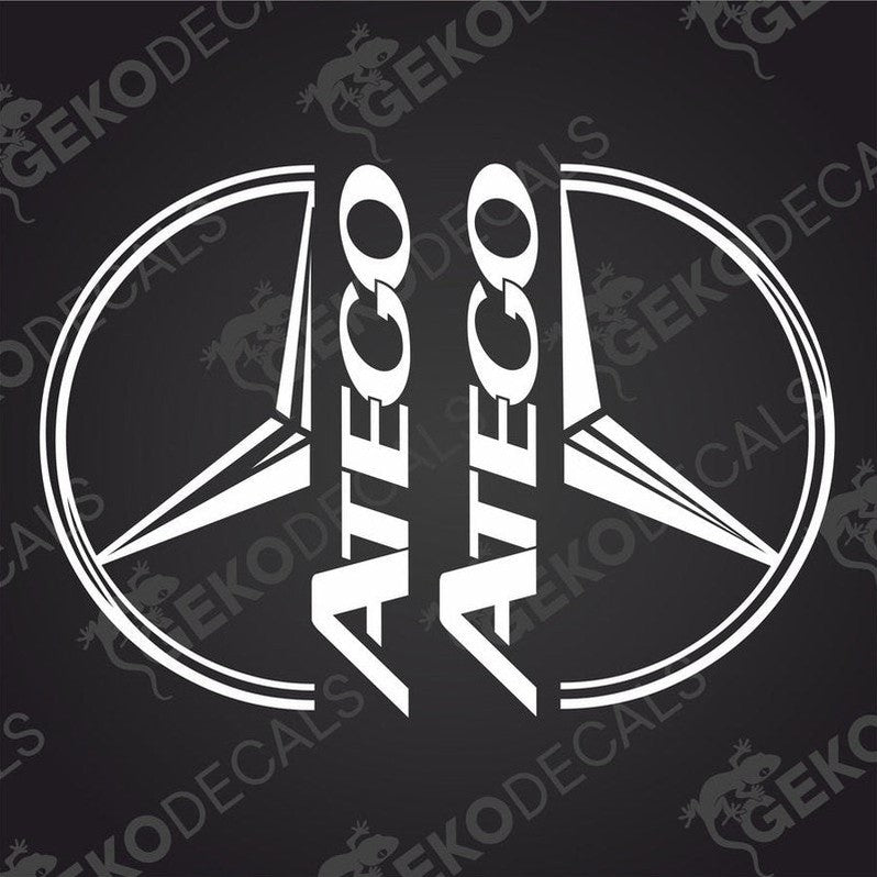 A pair of white decal stickers for a Mercedes-Benz ATEGO truck, designed for placement on the exterior of a vehicle.