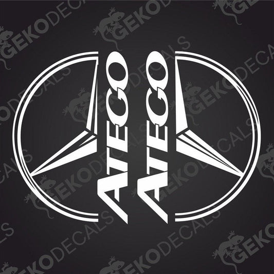 A pair of white decal stickers for a Mercedes-Benz ATEGO truck, designed for placement on the exterior of a vehicle.