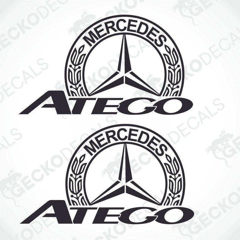 Two black decals of the Mercedes-Benz Atego brand.