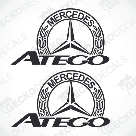 Two black decals of the Mercedes-Benz Atego brand.