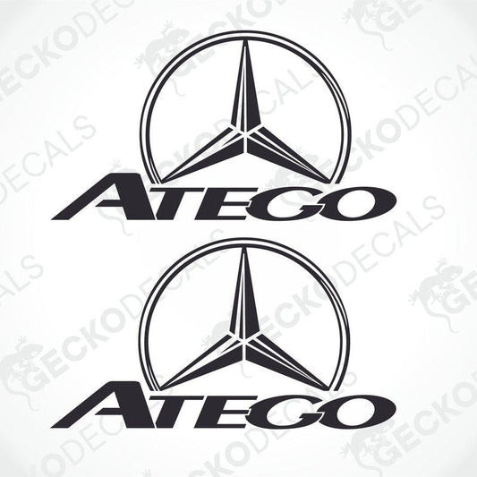 Two black decals of the Mercedes-Benz Atego brand, with the logo consisting of a white circle and the brand name in bold letters.
