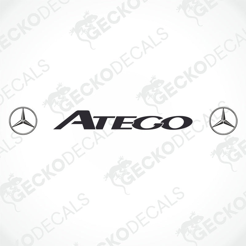 Front view of a gray Mercedes-Benz Atego truck windscreen with a die cut decal featuring the Atego brand logo.