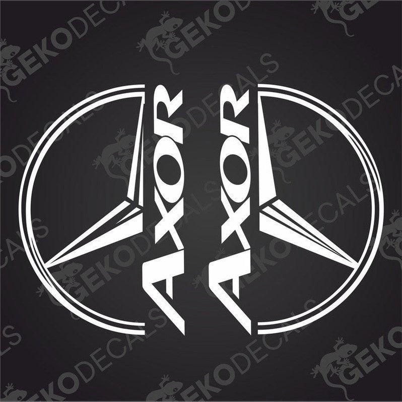 Two white decals with the word 'AXOR' and a graphic of a truck design, placed against a black background with the GeckoDecals logo.