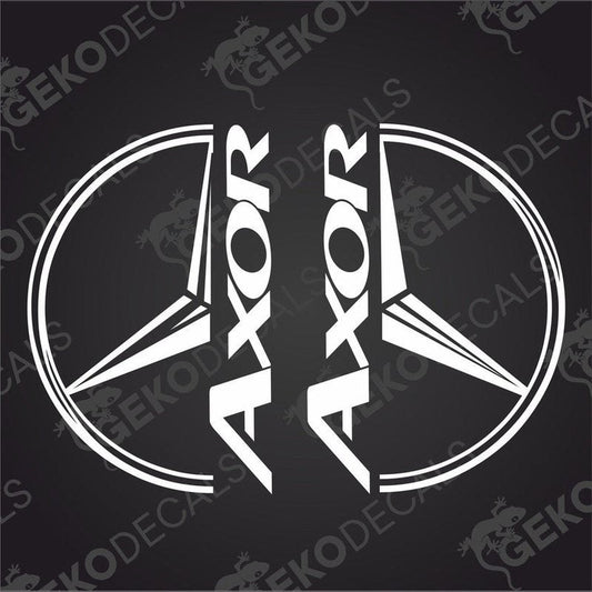 Two white decals with the word 'AXOR' and a graphic of a truck design, placed against a black background with the GeckoDecals logo.