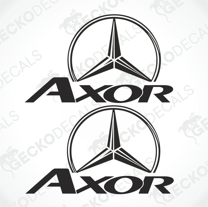 Two white decals of the Mercedes-Benz Axor brand, with one featuring the logo on a shield-like background and the other having the text 'AXOR' below it.