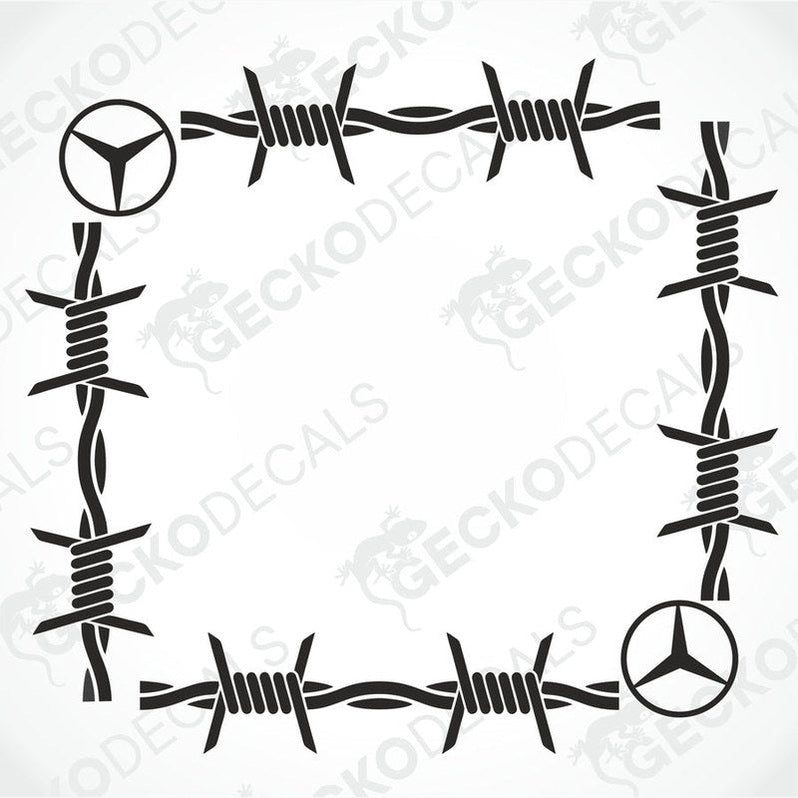 A die cut decal with barbed wire design and Mercedes-Benz logos on the ends, intended for use on vehicle side windows.