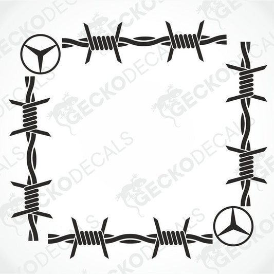 A die cut decal with barbed wire design and Mercedes-Benz logos on the ends, intended for use on vehicle side windows.