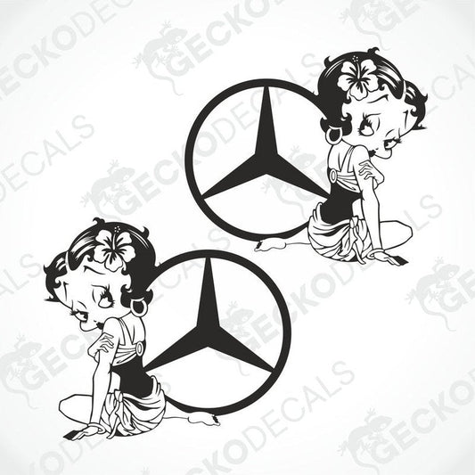 Die cut stickers depicting a stylized character with the Mercedes-Benz logo, intended for use as vehicle decals.