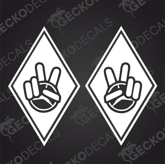 Two white diamond-shaped vehicle decals with a hand gesture design, intended for use as stickers on vehicles.